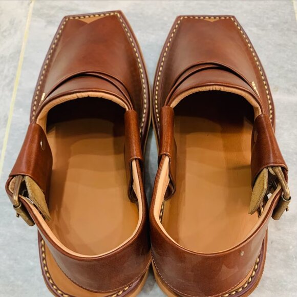 Dark Brown Leather Peshawari Chappal, Traditional Unique Style Comfortable - Picture 6 of 14
